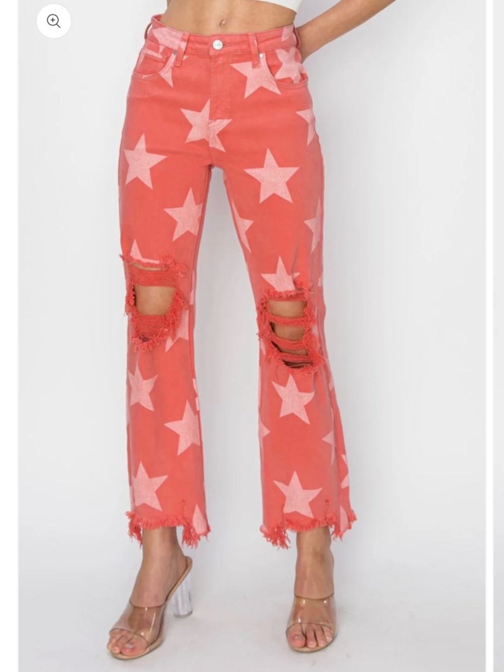 High-Rise Coral Star-Print Flare Jeans